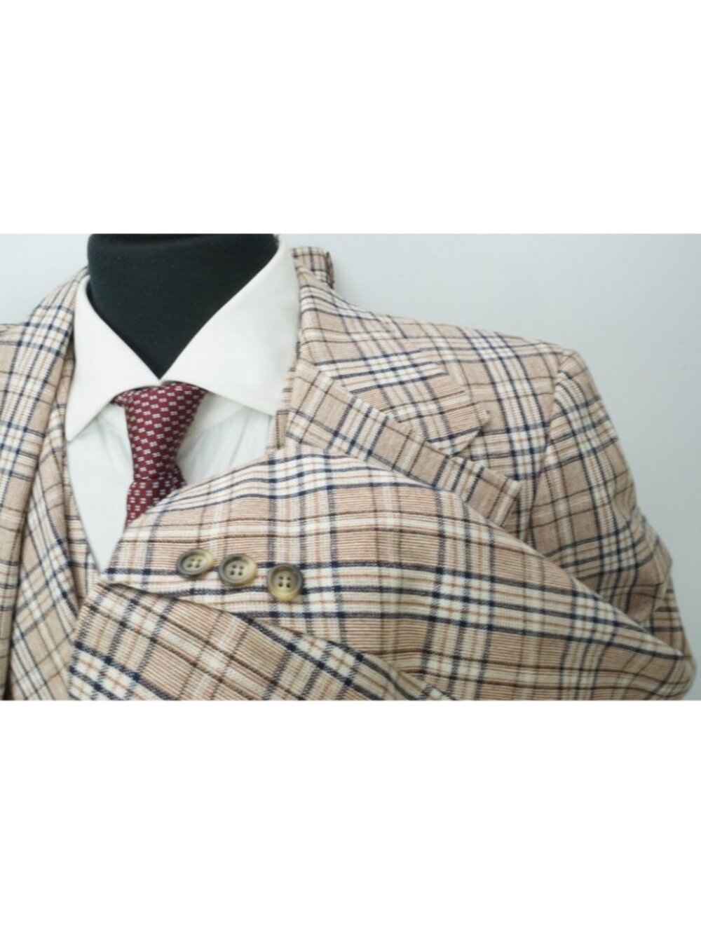 Unbranded VINTAGE Brown Blue Plaid 3 Pc Suit Jacket Pants Vest Sz 40R - Picture 3 of 11